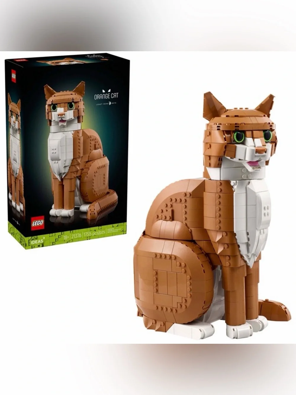 Lego Orange and White Cat Model with Green Eyes